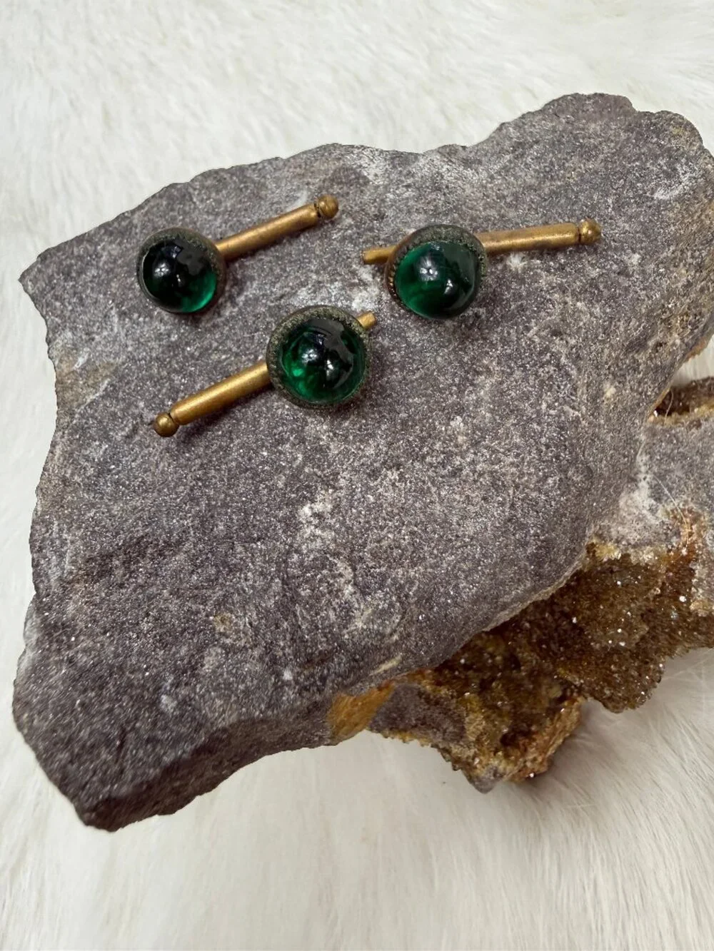 Vintage Set of 3 Green Glass & Brass Button Shirt Studs